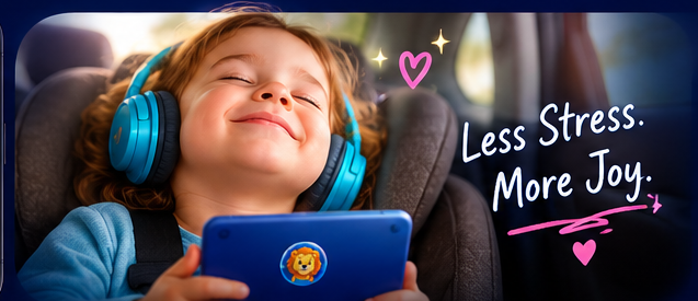 A child smiling while holding a phone, listening through headphones.