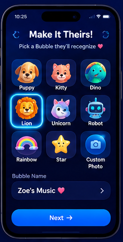 Avatar picker with animal characters and a field naming the Bubble.