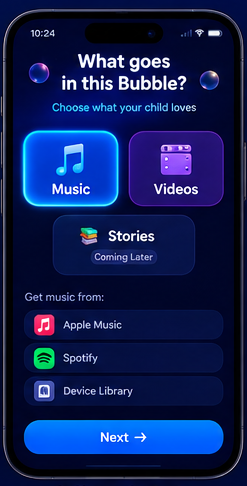 Content screen with Music and Videos options and a list of music sources.